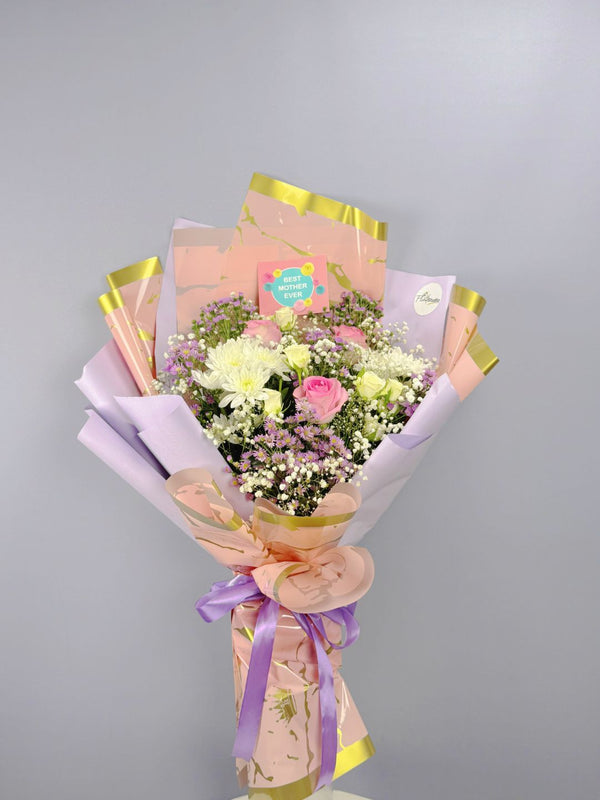 Mom’s Blossom Wrap with imported roses, baby’s breath, aster, spray roses, chrysanthemums — Mother’s Day delivery Lahore, Karachi, Islamabad