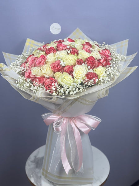 ure Bliss Rose Bouquet — 65 imported roses & 5 baby’s breath stems — luxury romantic flowers — delivery Lahore, Karachi, Islamabad