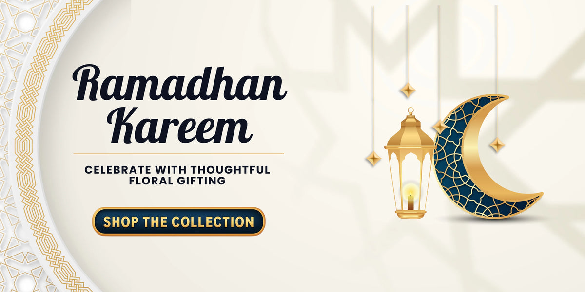 Promotional banner for Ramadhan Kareem with a gold crescent moon and lantern on a white background.