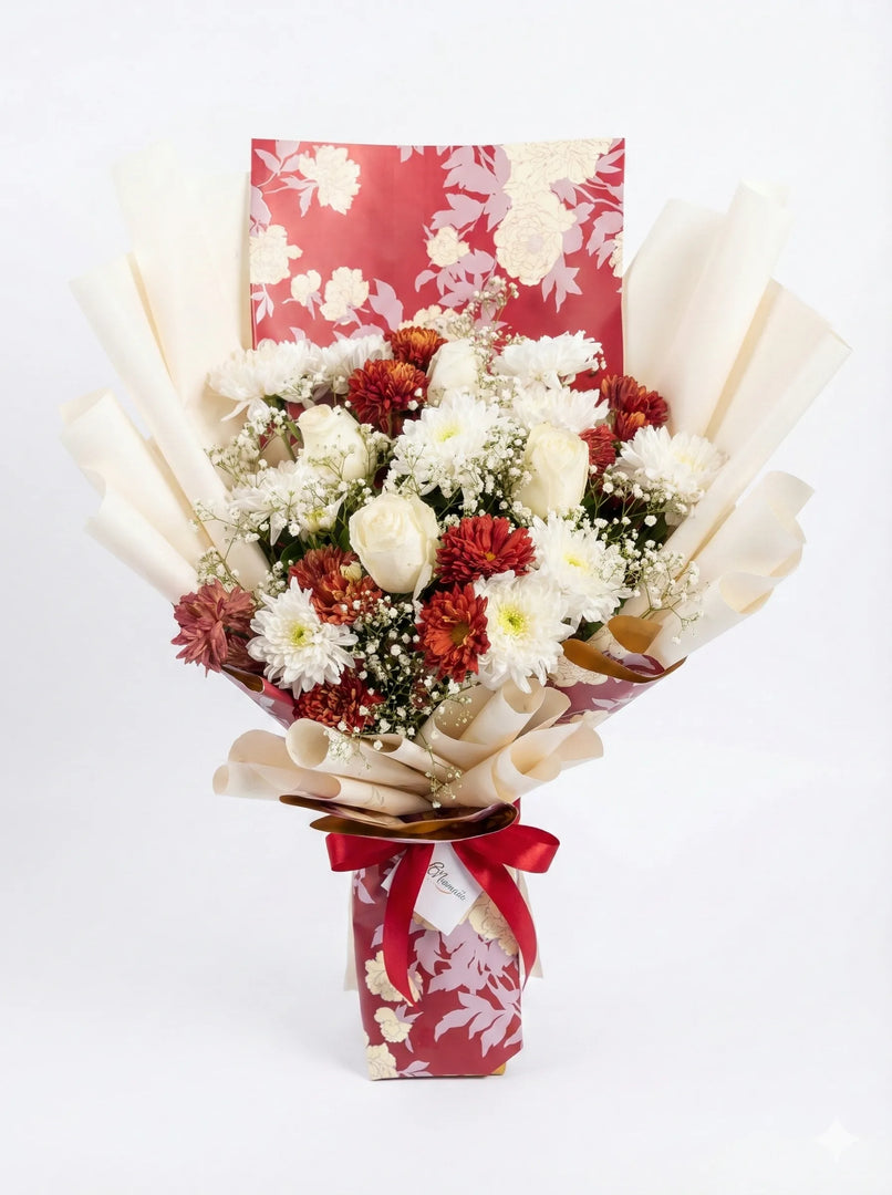 Bouquet of flowers wrapped in paper with a red ribbon on a white background