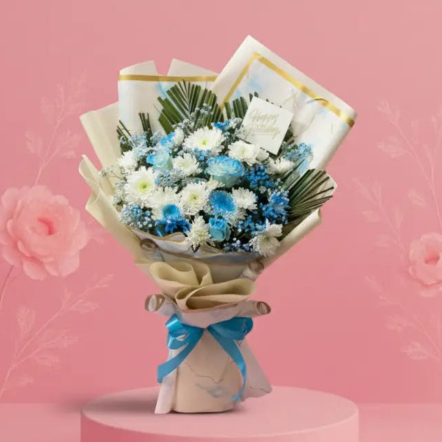 Bouquet of flowers on a pink pedestal with a pink background